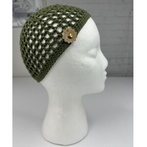 Created by Cyd Clem Olive Green Crochet Skull Cap Beanie Open Weave Boho Hat NEW